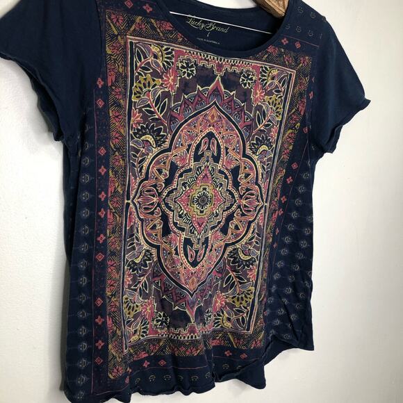 Lucky Brand Mandala Graphic Print Cotton Tee Navy Blue Short Sleeve Large - Picture 3 of 7